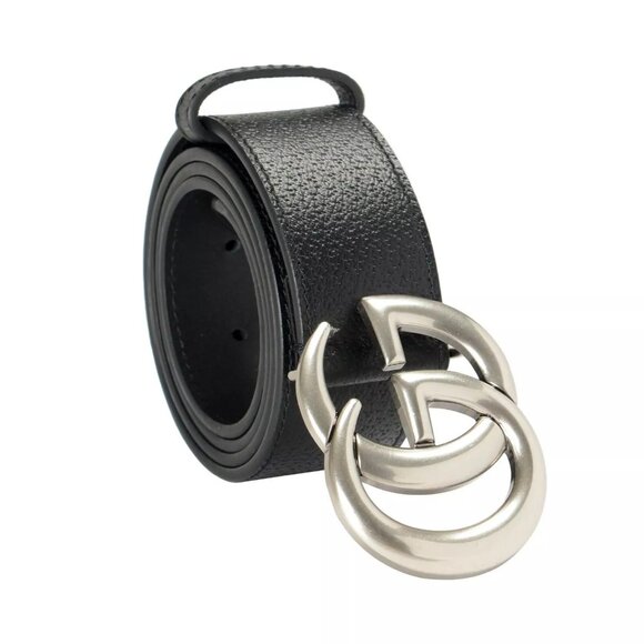 Gucci Black 100% Textured Leather Metal Silver Double G Buckle Belt US 32 IT 80 - Picture 1 of 3